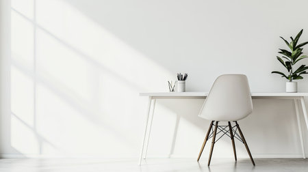 A tranquil minimalist workspace featuring a white desk, a stylish chair, and a lush green plant. This serene environment promotes focus and creativity.の素材