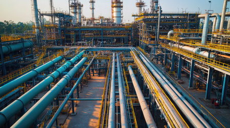 Aerial view of a complex industrial pipeline system within an oil refinery plant, showcasing intricate machinery and infrastructure used in energy production and processing.の素材