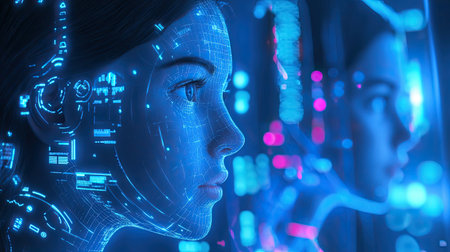This striking image features a futuristic portrait of a digital woman, showcasing intricate neon circuit patterns and a mesmerizing glow, perfect for tech-related themes.の素材