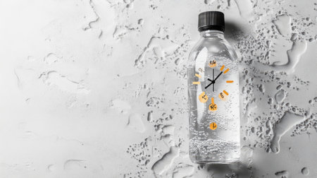 Unique composition of a water bottle featuring a clock design, symbolizing hydration and time management. Ideal for wellness and lifestyle themes.の素材