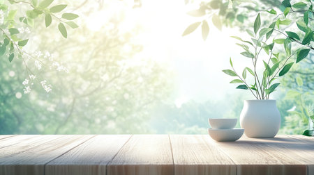 A tranquil setting featuring a wooden table adorned with plants in a ceramic vase, illuminated by soft sunlight, creating a serene atmosphere. Ideal for wellness and decor themes.の素材