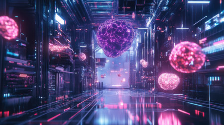 Explore a futuristic abstract environment filled with glowing spheres and vibrant neon lights, blending technology and artistry in a captivating digital landscape.の素材