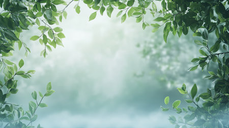 This beautiful image features a serene, soft-focused background framed by lush green leaves, creating a tranquil atmosphere perfect for nature-themed projects.の素材