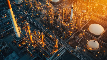 Aerial view of a large industrial complex showcasing intricate pipelines and structures bathed in the warm glow of sunset, highlighting the complexity of modern manufacturing and energy processes.の素材