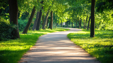 A serene pathway winds through a lush green forest, illuminated by warm sunlight. This tranquil scene invites relaxation and a connection with nature.の素材