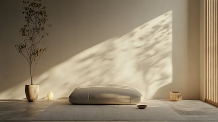 A serene minimalist zen room featuring a soft cushion, natural elements, and gentle shadows. Ideal for relaxation, meditation, and creating a peaceful atmosphere.の素材