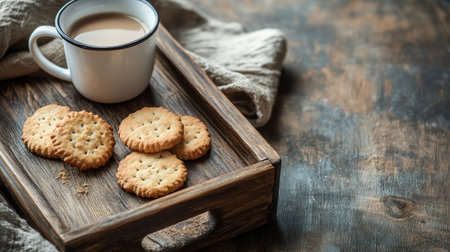 A charming composition featuring a rustic wooden tray with a cup of warm coffee and a few crunchy cookies, perfect for a cozy snack or breakfast experience.の素材