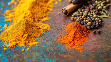 Capture the essence of culinary art with vibrant spices displayed on a rustic surface. Perfect for cooking themes, recipes, and food inspiration.の素材