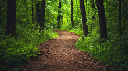 A beautiful forest path meanders through lush green trees, inviting explorers to enjoy nature's tranquility. The vibrant foliage creates a serene atmosphere perfect for hikes.の素材