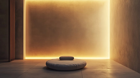 A serene minimalist meditation space featuring a cozy cushion and soft, warm lighting. Ideal for relaxation, wellness practices, and creating a peaceful atmosphere.の素材