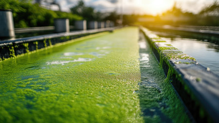 A vibrant scene showcasing bright green algae flourishing on a water channel. The soft glow of sunset adds warmth, enhancing the tranquil beauty of this natural environment.の素材
