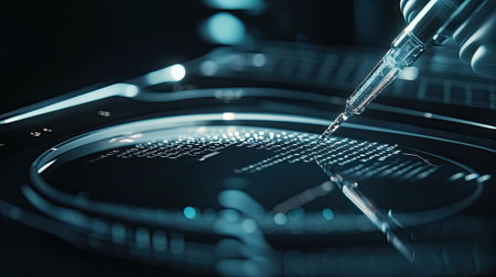 This close-up image showcases a pipette dispensing precise liquid droplets onto a reflective laboratory surface. Ideal for research and scientific applications.の素材