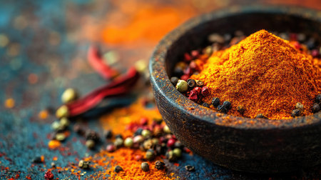 An artistic arrangement of vibrant spices in a wooden bowl, showcasing rich colors and textures on a rustic surface. Ideal for culinary and food-themed projects.の素材