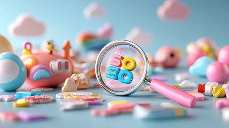 A vibrant array of playful toys and candies laid out with a magnifying glass in focus. This cheerful scene captures the essence of childhood joy and curiosity.の素材