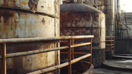 Captivating view of rusty storage tanks in an abandoned factory, showcasing industrial decay and environmental impact. The scene highlights textures and forms.の素材