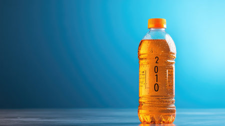 A bright orange sports drink bottle showcases condensation and a "2010" marking, ideal for promoting hydration and fitness-focused beverages with a modern aesthetic.の素材