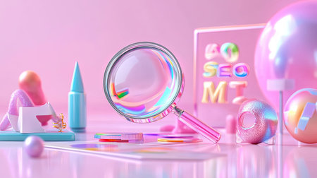 A vibrant still life scene featuring a magnifying glass surrounded by creative objects. The pastel colors and playful arrangement inspire exploration and curiosity, perfect for artistic projects.の素材