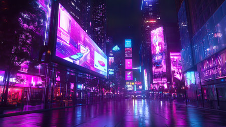 This stunning night scene showcases a vibrant urban landscape illuminated by neon lights and massive billboards, creating a futuristic atmosphere perfect for city tourism.の素材