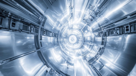 A captivating abstract image of a futuristic tunnel, featuring glowing metallic surfaces and dynamic light reflections. Perfect for technology and design themes.の素材