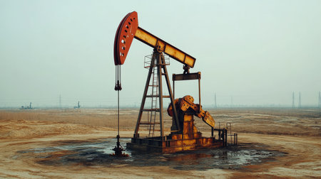 A solitary oil pump jack stands in an expansive, barren landscape during dusk, illustrating the industrial aspect of energy production against nature's backdrop.の素材