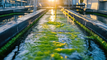 A serene view of water channels filled with vibrant green algae illuminated by the morning sunlight, showcasing the integration of nature and sustainable practices in modern facilities.の素材