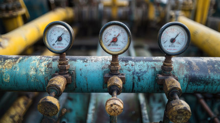 Close-up of rusty pressure gauges on a blue and yellow industrial pipeline. These tools measure pressure in various systems and highlight maintenance needs.の素材