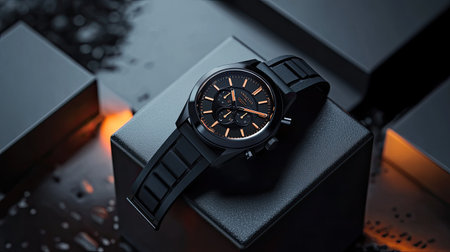A striking black sport watch rests on a dark surface, illuminated by soft lighting. This elegant timepiece blends modern design with minimalistic style, perfect for fashion enthusiasts.の素材