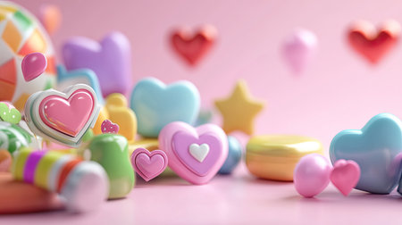 A vibrant collection of candy shapes and hearts in pastel colors, set against a soft pink backdrop. Perfect for themes of love, joy, and celebration.の素材