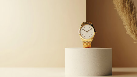 A stunning gold watch is elegantly displayed on a minimalist pedestal against a soft background, showcasing the beauty of the timepiece and its craftsmanship.の素材