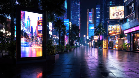 A stunning urban nightscape showcasing vibrant neon lights and modern architecture. The empty streets reflect colorful displays, creating an atmosphere of serenity.の素材