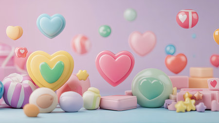 A whimsical arrangement of colorful heart-shaped candies and confectionery elements set against a soft pastel background. Perfect for designs celebrating love and sweetness.の素材