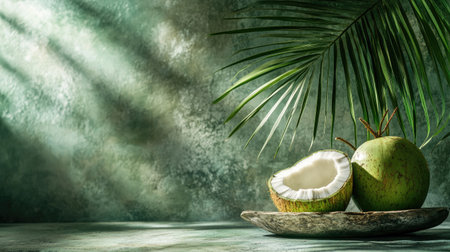A captivating arrangement featuring fresh coconut and green apples on a rustic wooden plate, showcasing tropical leaves and soft sunlight, perfect for food styling.の素材