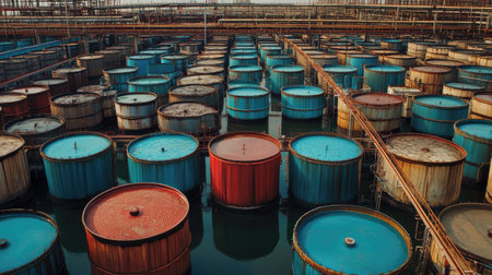 Discover an aerial view of colorful industrial storage tanks in a large facility. The image showcases patterns and arrangements of round containers, highlighting the blend of colors and textures.の素材