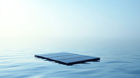 A serene view of solar panels floating on calm water, highlighting renewable energy in a tranquil blue environment. Perfect for sustainability themes.の素材
