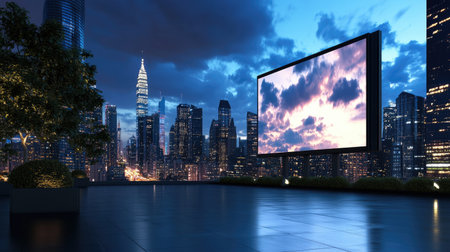 A stunning urban skyline at twilight featuring an outdoor screen and vibrant sunset clouds. Ideal for themes of technology, leisure, and city life.の素材