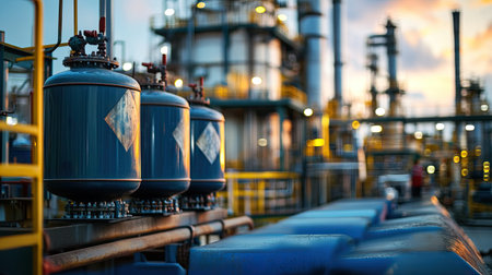 Industrial storage tanks stand prominently with pipes and machinery in an energy facility. The scene captures a vibrant sunset, emphasizing complex engineering.の素材