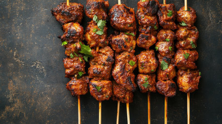 A tempting display of grilled spicy skewered meat garnished with fresh herbs, perfect for summer barbecues or outdoor dining experiences, highlighting delicious flavors.の素材
