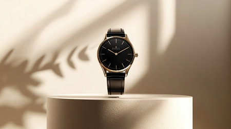 This captivating image features an elegant black watch set against a minimalist backdrop, with soft shadows and natural light enhancing its sophisticated design.の素材