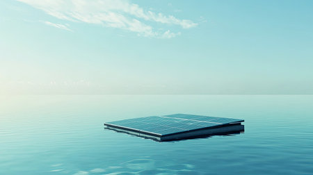 A solitary floating solar panel rests on a tranquil water surface under a bright blue sky, showcasing innovation in renewable energy and sustainability.の素材