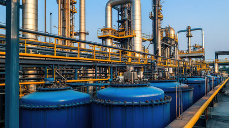 Wide-angle view of an industrial facility showcasing blue tanks and intricate pipelines. The image captures the complexity of chemical processing under a clear blue sky.の素材