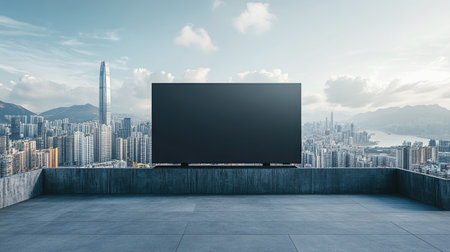 A sleek modern television placed on a rooftop, offering an impressive view of a sprawling city skyline under a cloudy sky. Perfect for urban lifestyle themes.の素材