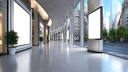 Spacious modern retail interior featuring empty billboards, large windows, and greenery in an urban environment. Ideal for commercial design projects.の素材