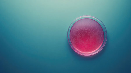 A close-up view of a petri dish containing a vibrant pink culture, set against a soft blue background. Ideal for scientific and artistic themes.の素材