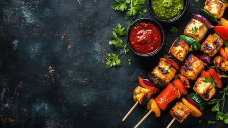 A vibrant display of grilled vegetable and tofu skewers garnished with fresh herbs and accompanied by two dipping sauces on a dark surface.の素材