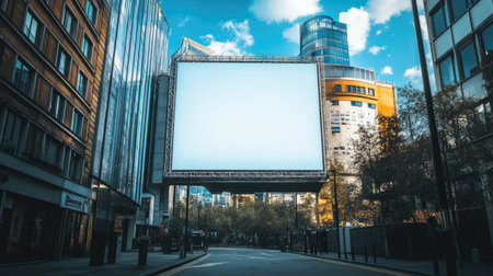 An urban street scene showcases a blank billboard surrounded by modern architecture. The vibrant blue sky and surrounding buildings highlight the dynamic city environment.の素材