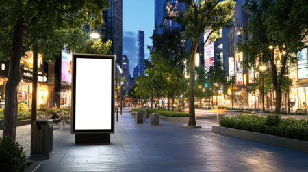 A serene view of an empty billboard on a bustling urban street at dusk, surrounded by modern skyscrapers and lined with trees. The scene captures the vibrant city life and potential for advertisement display.の素材