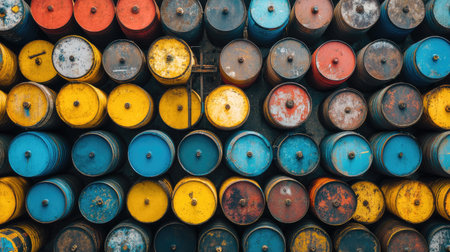 This image features a vibrant arrangement of colorful stacked barrels, showcasing a variety of textures and colors in an industrial setting.の素材