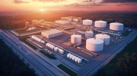 This aerial view highlights a modern industrial gas facility surrounded by nature, showcasing sophisticated technology and infrastructure for energy production.の素材