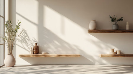 A serene minimalist interior featuring wooden shelves adorned with vases and plants, illuminated by soft sunlight, creating a calm and inviting atmosphere.の素材