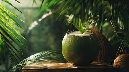 A vibrant green coconut with a sprout sits elegantly among lush tropical foliage. This image captures the essence of freshness and natural beauty, perfect for eco-friendly themes.の素材
